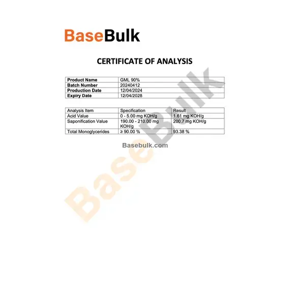 Monolaurine analysis specification with acid value and saponification value results