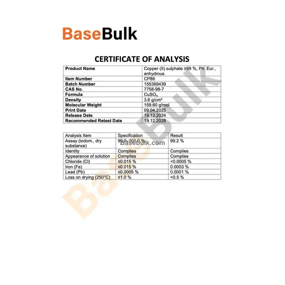 Copper(II) sulfate CuSO4 specification analysis sheet, RM0000192