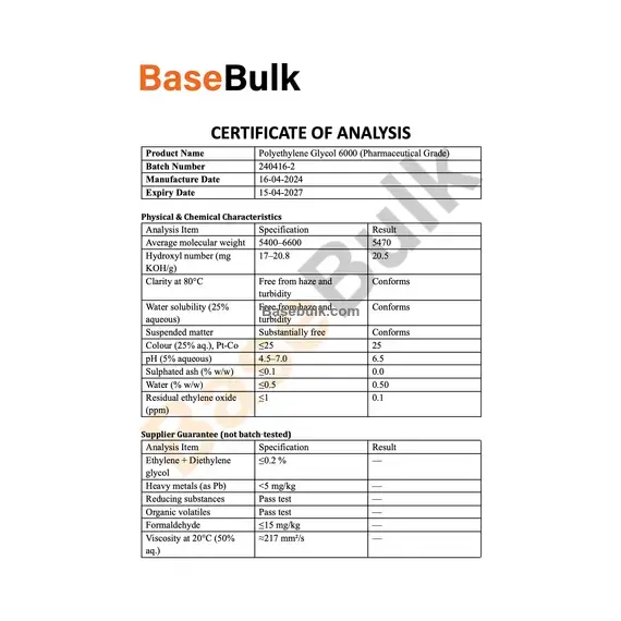Polyethylene Glycol 6000 physical and chemical characteristics specification
