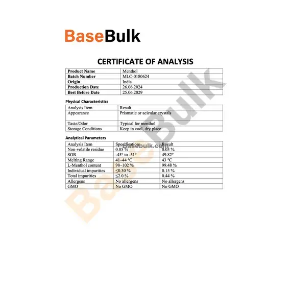 L-Menthol crystals physical characteristics and analytical parameters