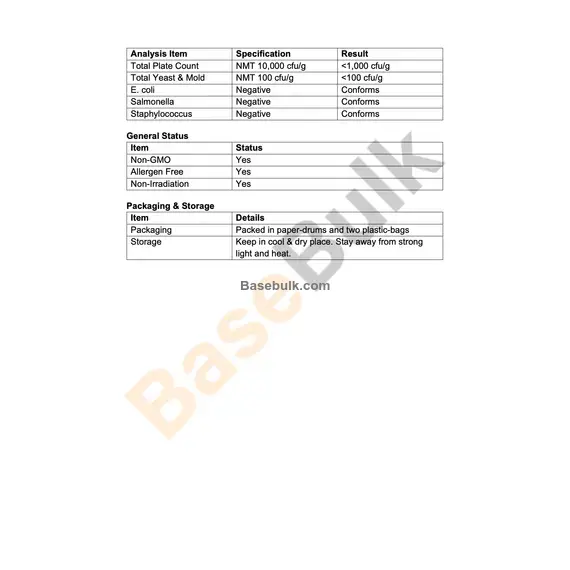 Ashwagandha Extract 18:1 specification sheet, RM0000203