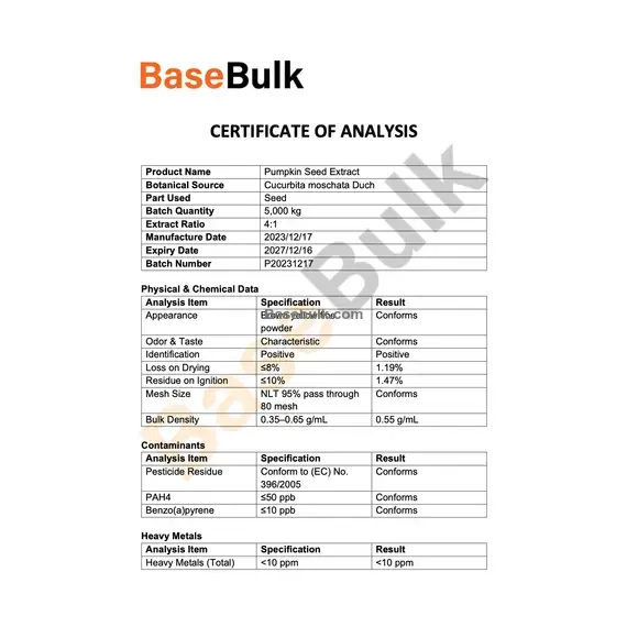 Pumpkin Seed Extract 4:1 physical and chemical analysis specification sheet
