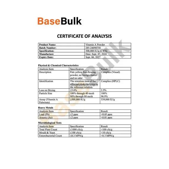 Vitamin A (Retinol Palmitate) pale yellow free-flowing powder, RM0000210