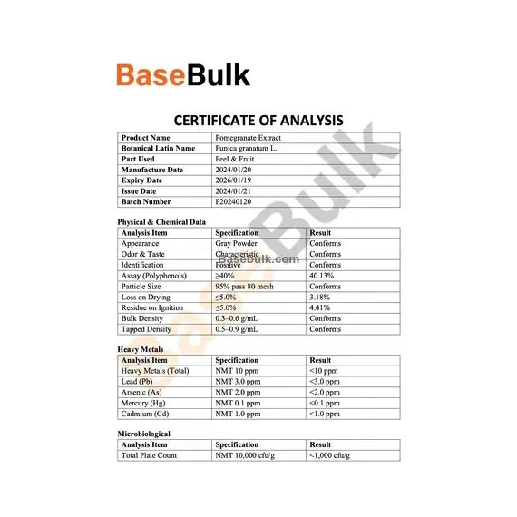 Pomegranate Extract polyphenols 40% specification sheet RM0000215