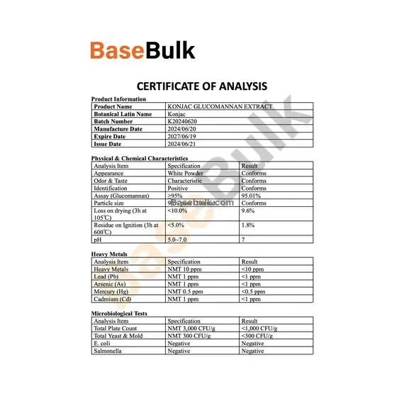 Konjac Glucomannan powder specification sheet showing 95% assay analysis