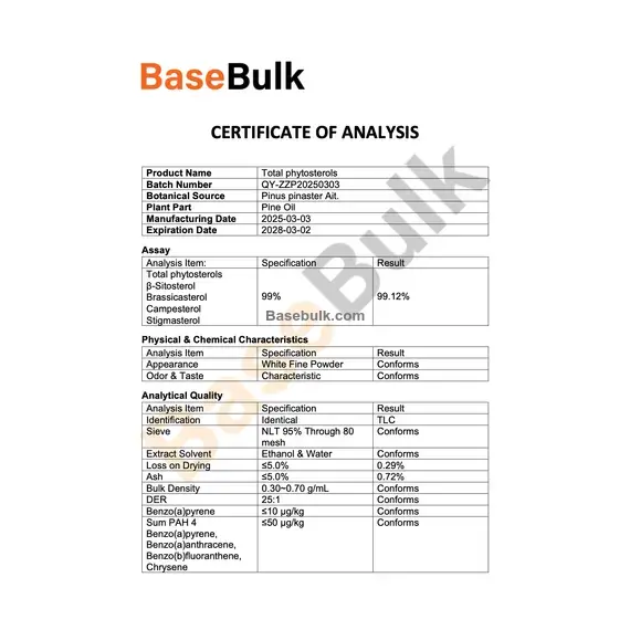 Phytosterol 99% specification sheet for white fine powder, RM0000218