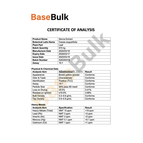 Senna Leaf Extract 10:1 physical and chemical specification sheet