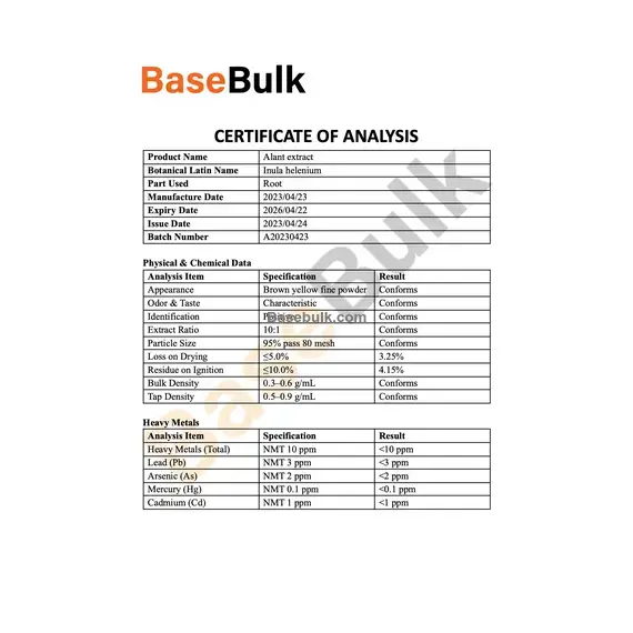 Alant Extract 10:1 physical and chemical data analysis sheet
