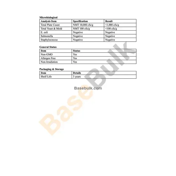 Alant Extract 10:1 physical and chemical specification sheet