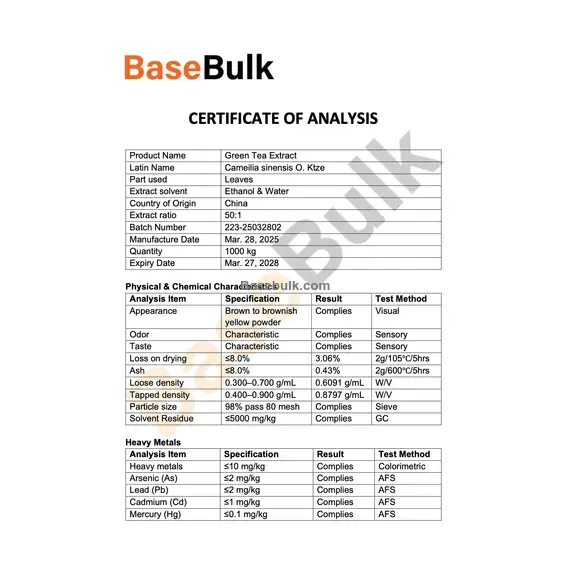 Green Tea extract 50% polyphenol specification sheet RM0000235