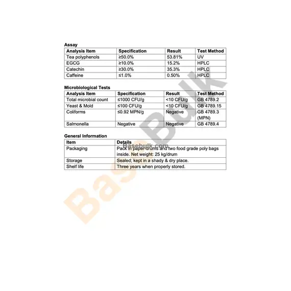 Green Tea extract 50% polyphenol specification sheet, RM0000235