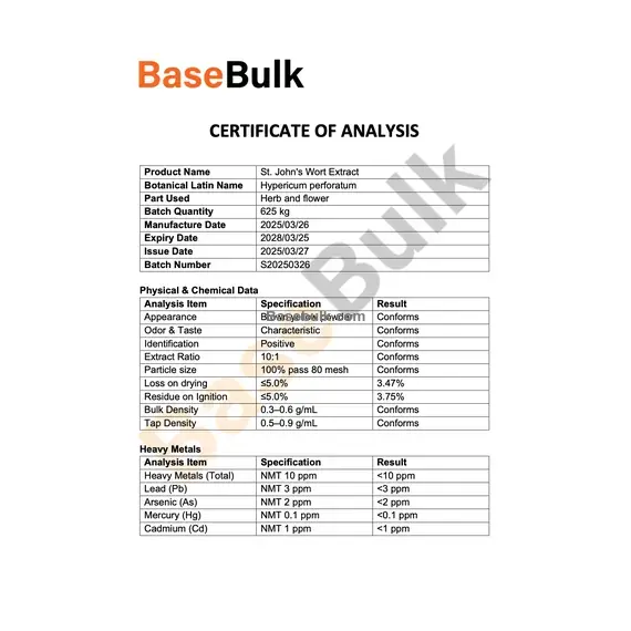 St. John's Wort Extract 10:1 brown yellow powder specification sheet