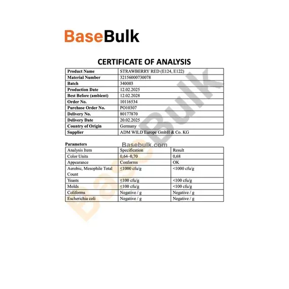 Strawberry red colour E124, E122 specification analysis sheet RM0000253