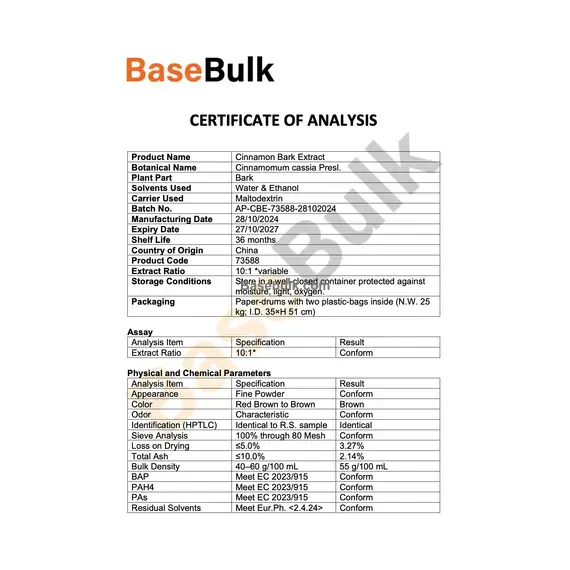 Cinnamon extract 10:1 specification sheet, product code RM0000254