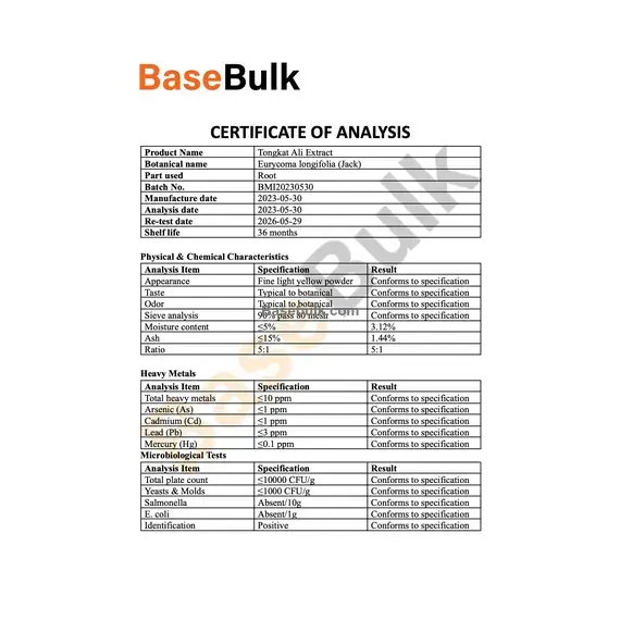 Tongkat Ali Extract 5:1 fine light yellow powder specification