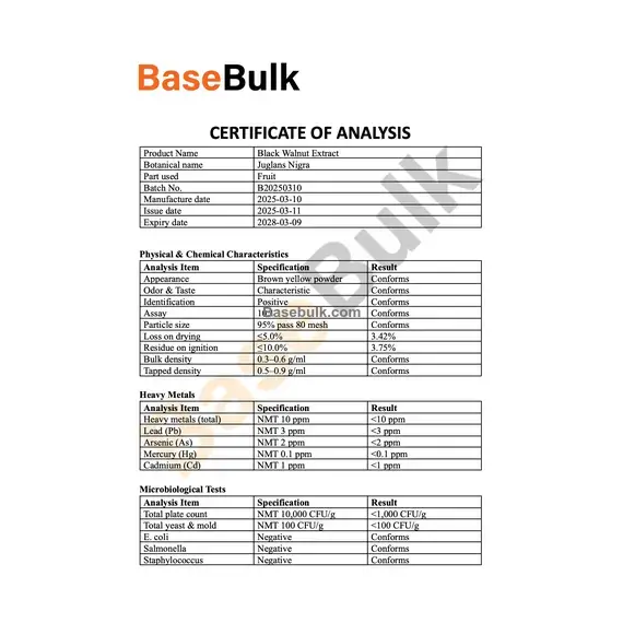 Black Walnut Powder Extract 4:1 product specification sheet