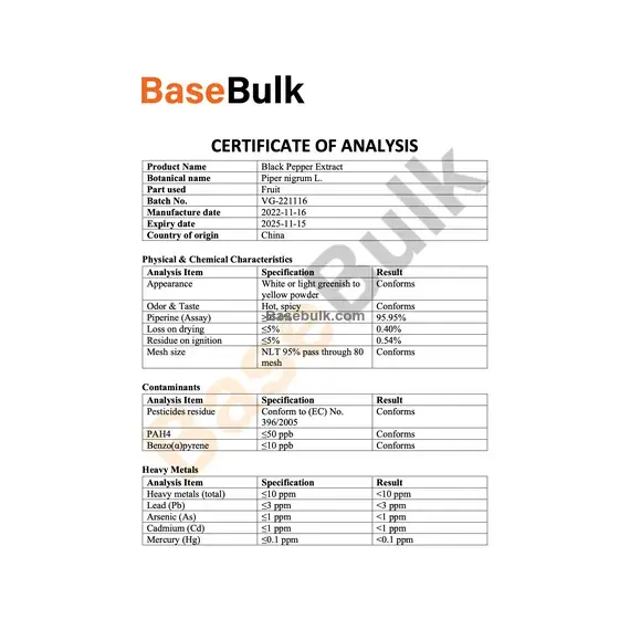 Black pepper extract 95% specification sheet RM0000260