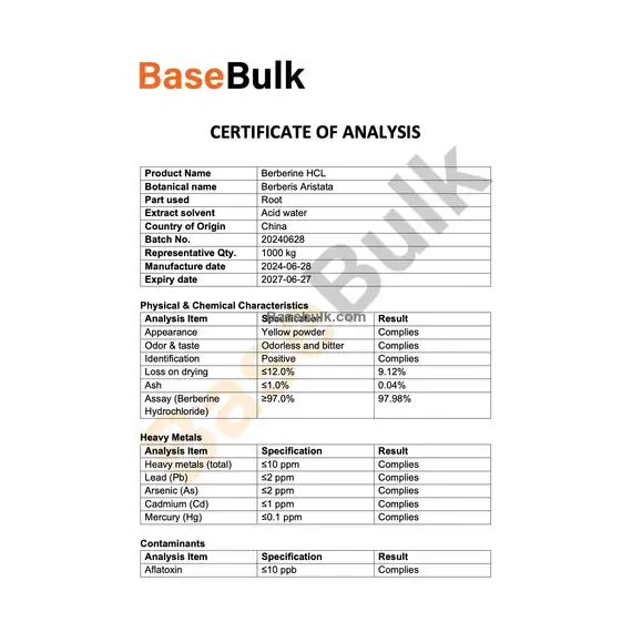 Berberine 97% powder specification and analysis details