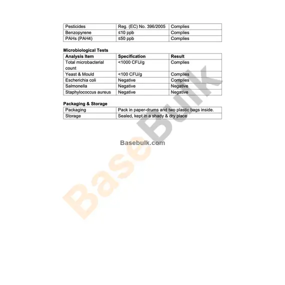 Berberine 97% powder specification and analysis sheet