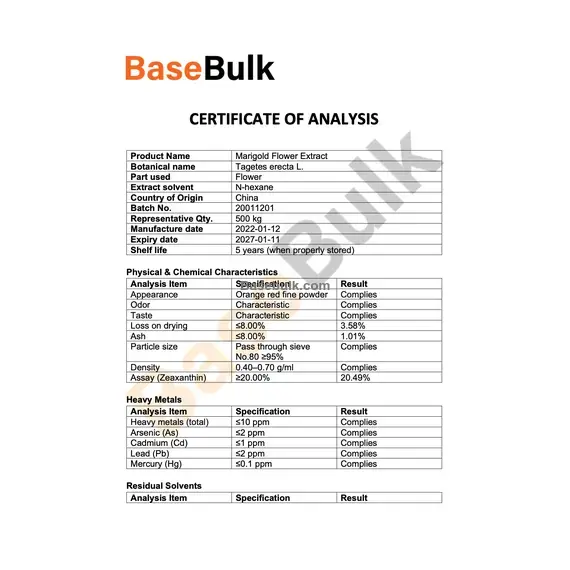 Marigold Extract Zeaxanthin 20% specification sheet, RM0000264