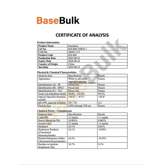 Sucralose physical and chemical characteristics specification sheet