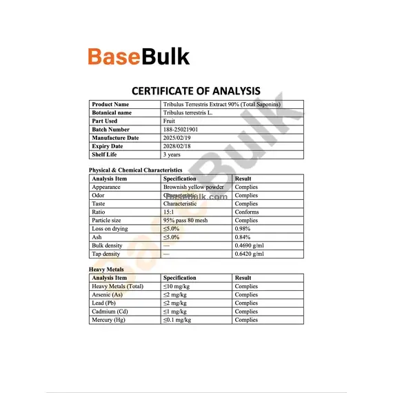 Tribulus Terrestris 15:1 extract 90% saponins specification sheet