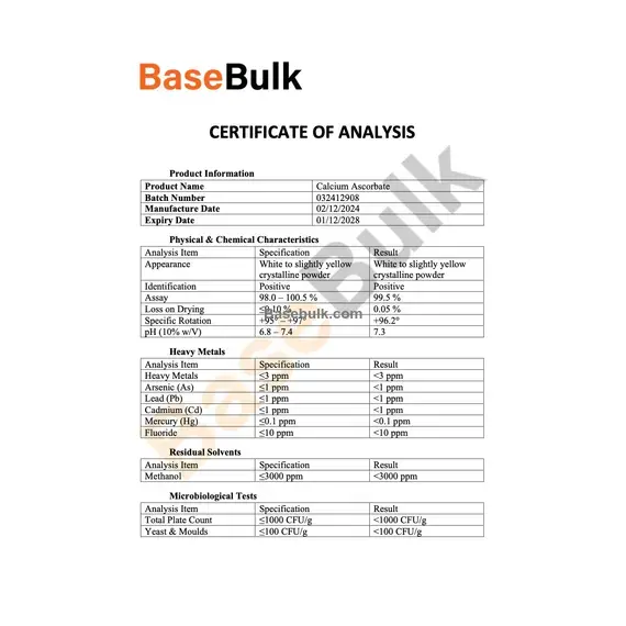 Calcium Ascorbate specification sheet, RM0000274