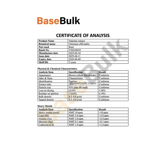 Valerian root extract 50:1 brown yellow fine powder RM0000275