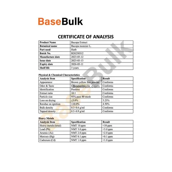 Bacopa Herb Extract 10:1 Bacopa Monnieri brown yellow fine powder