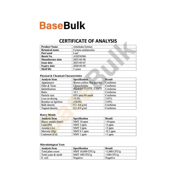 Artichoke extract 10:1 powder with 2.5% cynarin specification