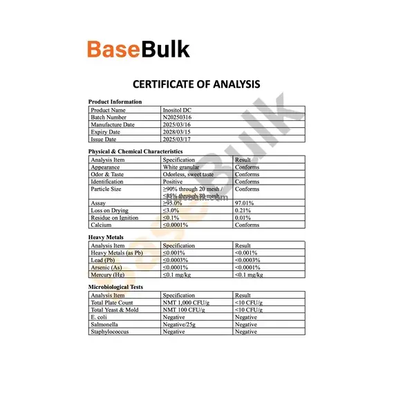 Inositol DC white granular product specification sheet