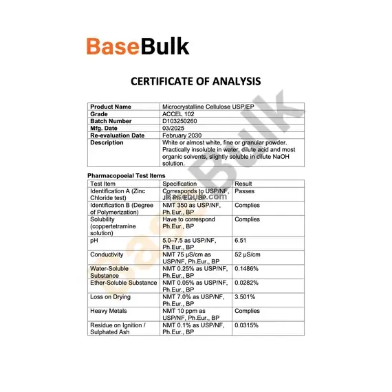 Microcrystalline Cellulose PH-102 pharmacopoeial test specification sheet