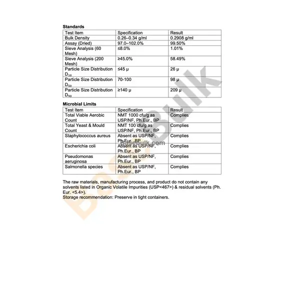 Microcrystalline Cellulose PH-102 pharmacopoeial test specification sheet RM0000280