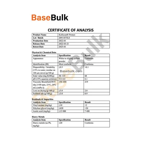 Kollicoat Protect physical and chemical data analysis specifications