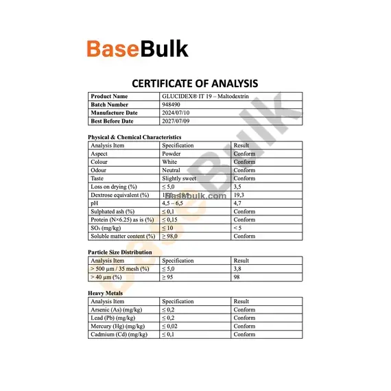 Maltodextrin Glucidex IT 19 product specification sheet RM0000291