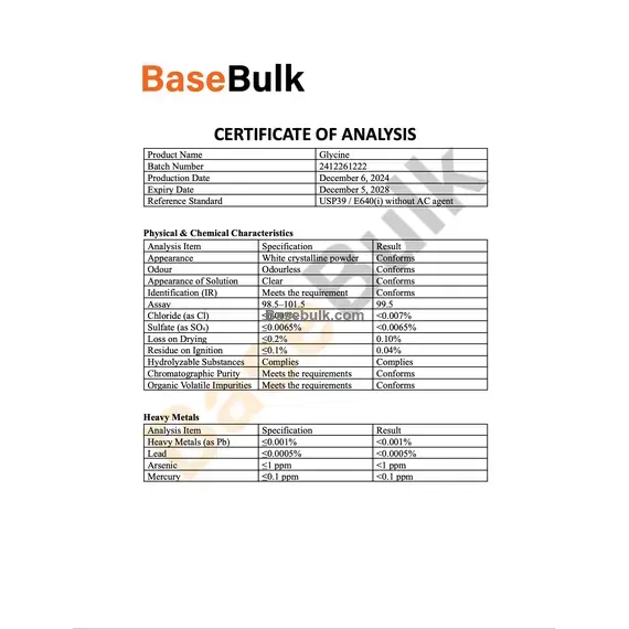 L-Glycine physical and chemical characteristics specification sheet