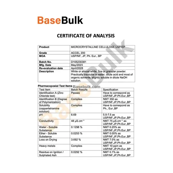 Microcrystalline Cellulose PH-200 pharmacopoeial test specification sheet