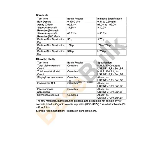 Microcrystalline Cellulose PH-200 pharmacopoeial test specifications sheet