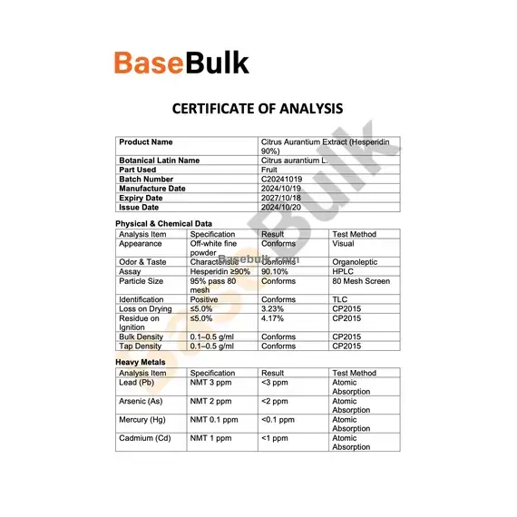 Citrus Aurantium Extract Hesperidin 90% specification sheet