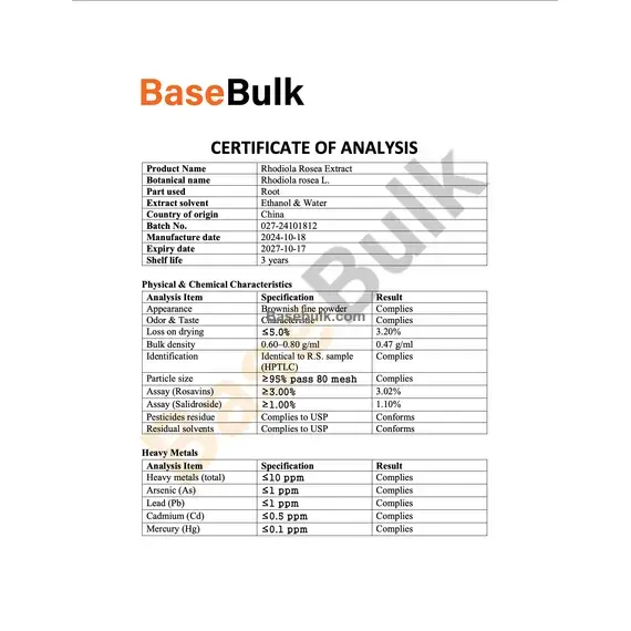 Rhodiola root extract 3% Rosavins 1% Salidrosides specifications sheet