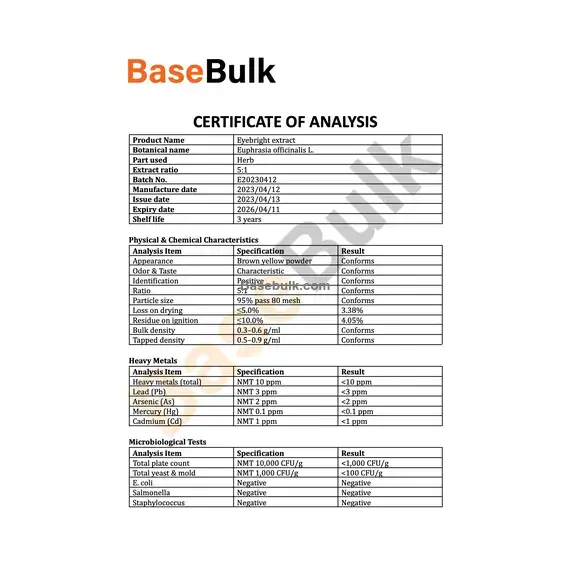 Eyebright extract 5:1 brown yellow powder specification sheet RM0000308