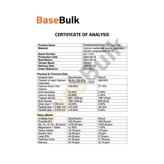 Calcium carbonate DC type 140 H specification and analysis sheet RM0000311