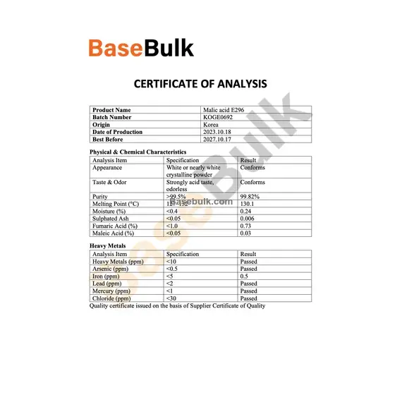 Malic Acid quality certificate with physical and chemical specifications