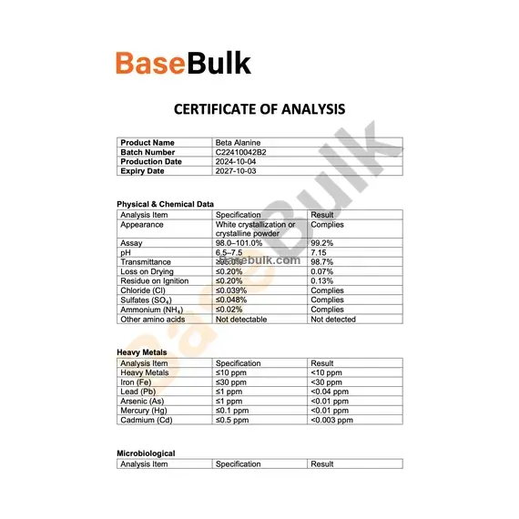 Beta-Alanine specification sheet with physical, chemical, heavy metals, and microbiological analysis