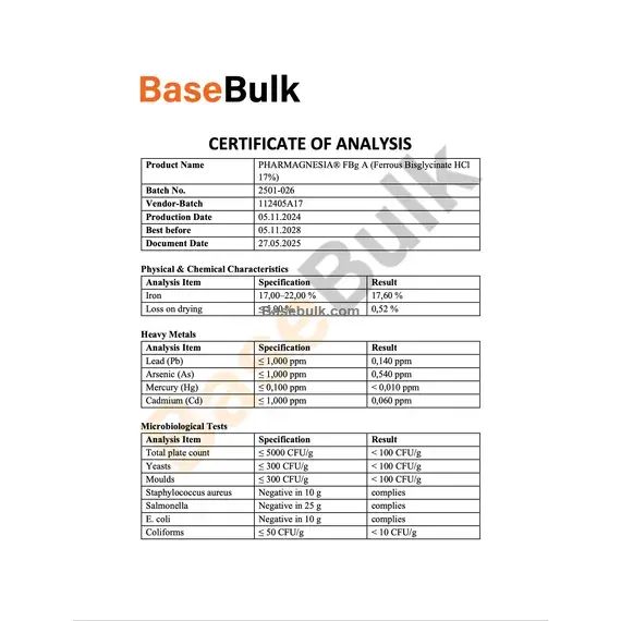 Iron (II) Bisglycinate (Iron 17%) specification analysis sheet RM0000315