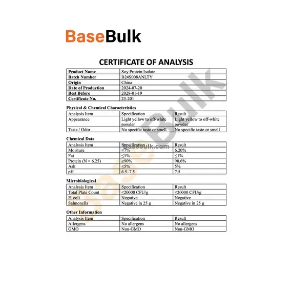Soy Protein Isolate physical and chemical specification sheet