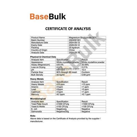 Magnesium Bisglycinate (20%) physical and chemical specification sheet