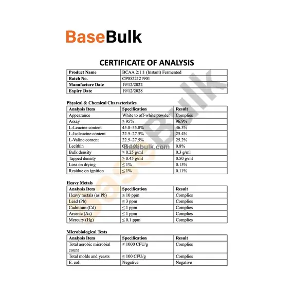 BCAA 2-1-1 white to off-white powder specification image
