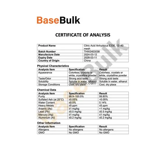 Szczegóły specyfikacji Citric Acid Anhydrous 12-40 Mesh, RM0000325
