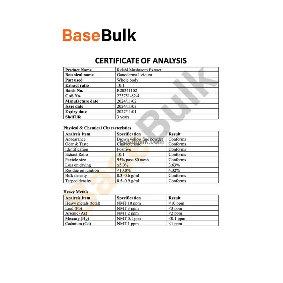 Reishi mushroom extract 10:1 brown yellow fine powder specification sheet